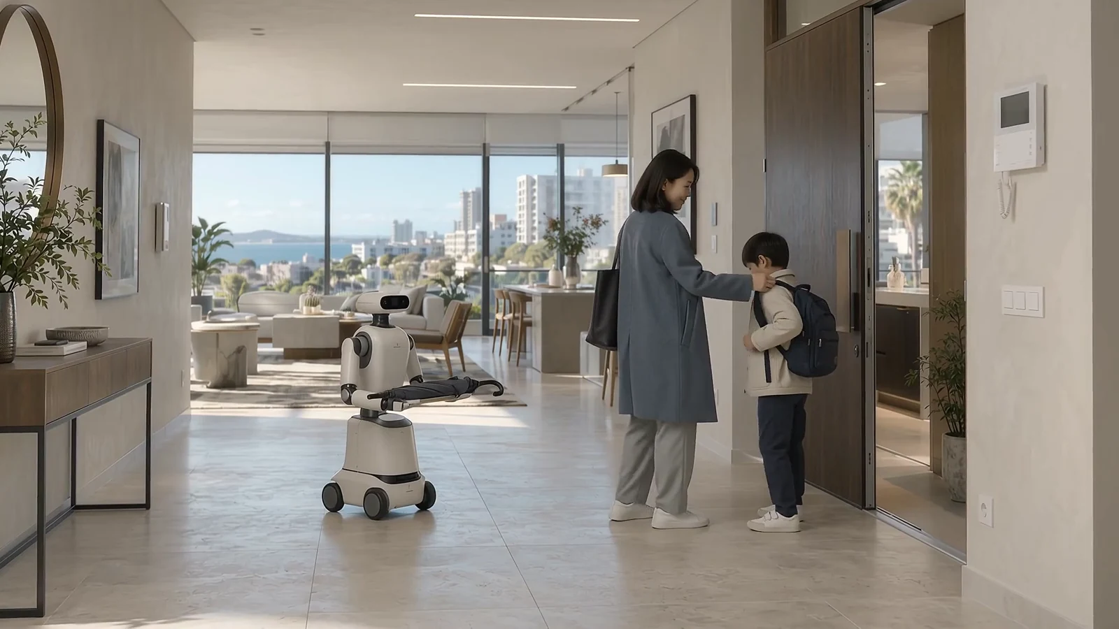 A family preparing to leave their light-filled home